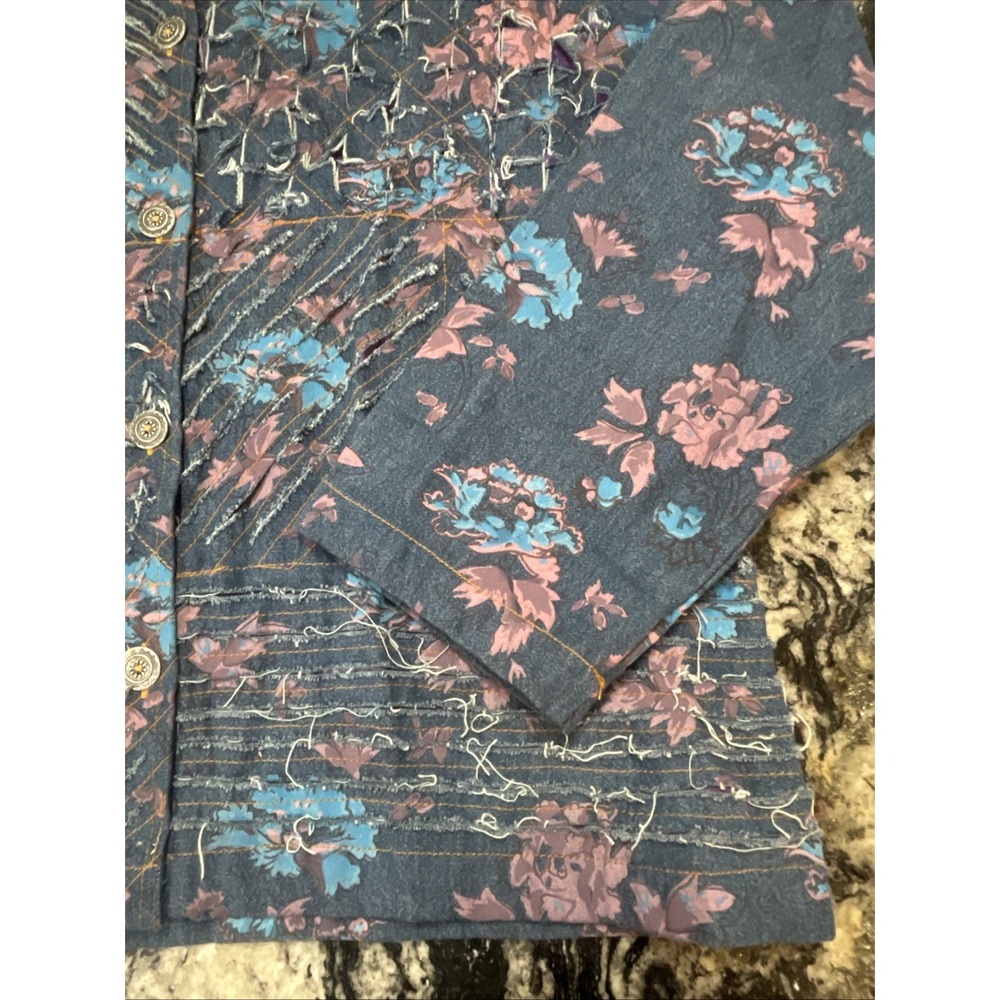 VTG Jean Jacket Painted Flowers Floral Shredded Denim Tantrums Women's XL - Picture 4 of 14